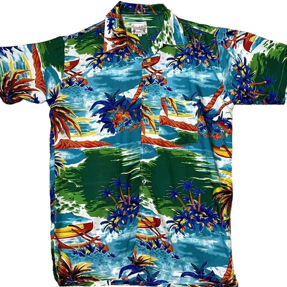 Waikiki Creations Bright Island Print Silky Men's Short Sleeve Hawaiian Shirt L - Picture 1 of 6
